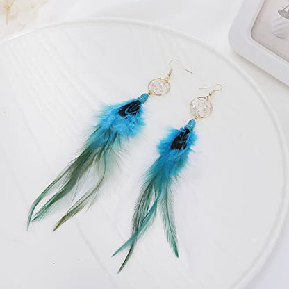 Bohemian Pheasant Peacock Long Feathers Statement Earrings Handmade Natural Lightweight Feather Dangle Earrings for Women (ea000071) - color: Dreamcatcher Blue