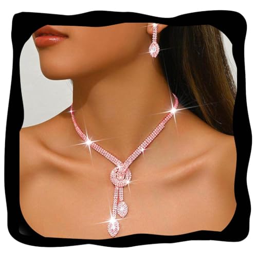 Unicra Silver Rhinestone Bridal Wedding Jewelry Set Crystal Necklace Earrings Sets Formal Prom Costume Jewelry Sets for Women and Brides - color: Rose Gold