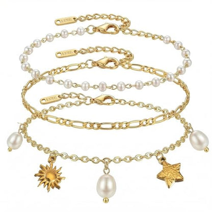 Dainty Gold Shell Pearl Ankle Bracelets for Women, Trendy Anklet Stack Charm Bracelet Adjustable Chain Summer Ocean Beach Accessories Fashion Jewelry Gift - color: Sun Pearl Star