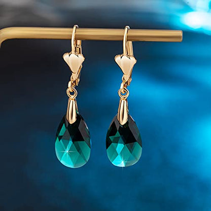 Austrian Crystal Teardrop Leverback Dangle Earrings for Women Fashion 14K Gold Plated Hypoallergenic Jewelry - color: Emerald