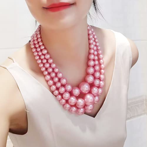 We We Imitation Pearl Necklace for Women Large Chunky Pearl Necklaces Multilayer Pearl Necklace and Earring 1920s Costume Jewelry set - color: pink pearl necklace set