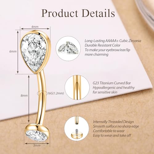GAGABODY G23 Titanium Eyebrow Rings 16G Curved Barbell Lip Ring Rook Earrings for Women Belly Ring Vertical Labret Jewelry Tragus Helix Daith Earring Belly Piercing - color: 1Pc-Waterdrop Shape Gold+Clear CZ