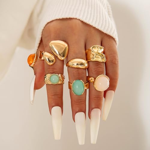 Chunky Gemstone Rings for Women Gold Silver Chunky Rings Set Adjustable Thick Statement Ring Trendy Fashion Silver Jewelry - style: BGold