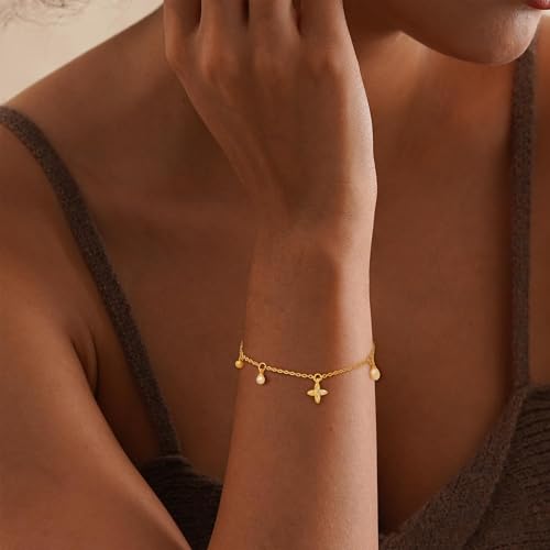 Gold Bracelets for Women, Dainty Friendship Charm Bracelet 14K Gold Plated Summer Shell Starfish Pearl Bracelet Cute Heart Charm Bracelets for Women Trendy Non Tarnish Beach Jewelry Gifts - color: Gold-Pearl