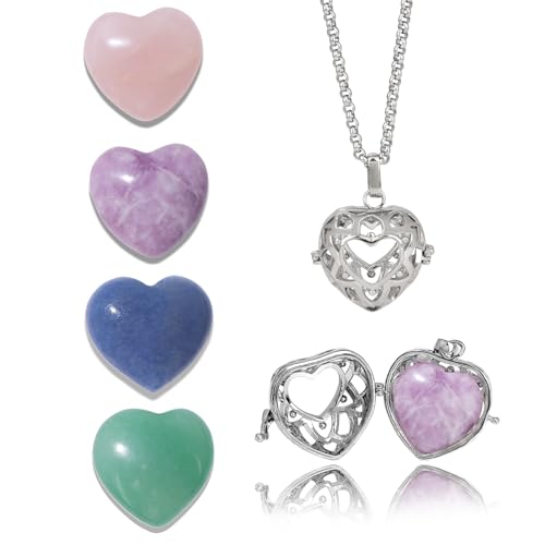 Raicegs Heart Shaped Crystals and Healing Stones 7 Chakra Crystal Necklace 0.8 inch Heart Gemstones Natural Stones Necklaces for Women Spiritual Gift for Women Teen - style: 4PCS-A
