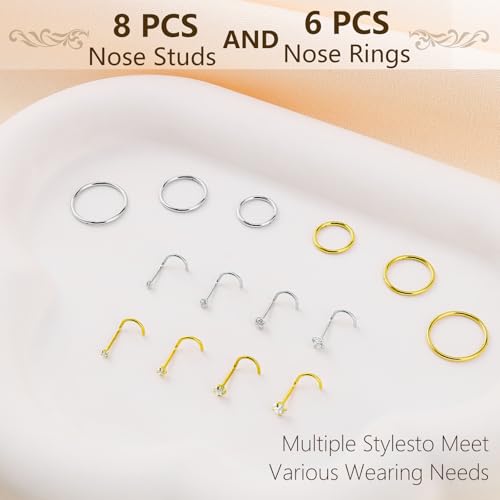 14Pcs Gold and Silver 18G Nose Ring Hoops and 20G Nose Studs Set | 316L surgical steel set with 18G nose hoops and 20G corkscrew CZ nose studs in 1.5/ 2/ 2.5/ 3mm for women and men