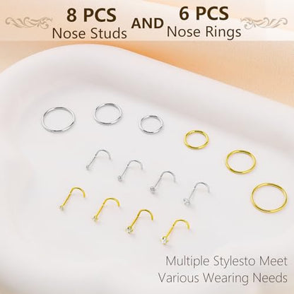 14Pcs Gold and Silver 18G Nose Ring Hoops and 20G Nose Studs Set | 316L surgical steel set with 18G nose hoops and 20G corkscrew CZ nose studs in 1.5/ 2/ 2.5/ 3mm for women and men