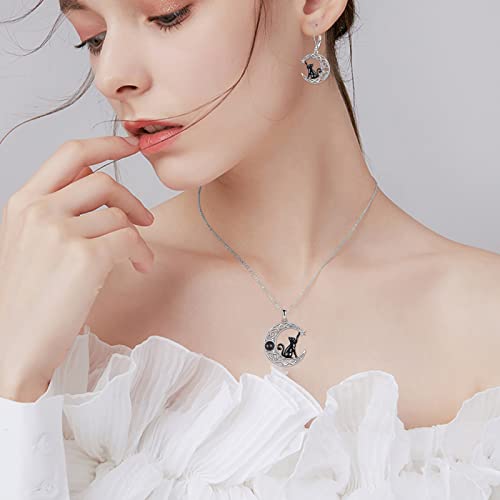 925 Sterling Silver Moon Black Cat Necklace for Women Cat Jewelry - style: H-I Love U 100 Languages Cat Necklace