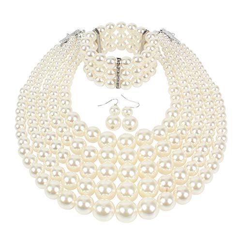KOSMOS-LI Large Multi Layer Faux Pearl Strand Costume Jewelry Sets For Women Stocking Stuffers - color: Ivory