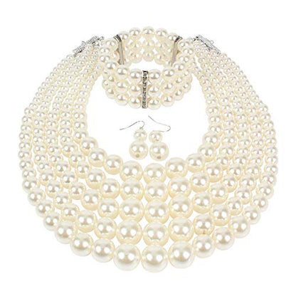 KOSMOS-LI Large Multi Layer Faux Pearl Strand Costume Jewelry Sets For Women Stocking Stuffers - color: Ivory