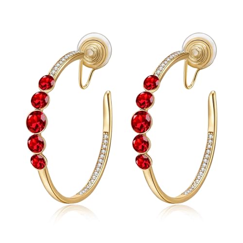 EVEVIC Austrian Crystal Hoop Clip On Earrings for Women | 14K Gold Plated,Silicone Comfort Pad,Versatile for Daily and Formal Occasions,Gift Box Included - color: Red