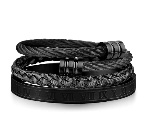 WFYOU 3PCS Stainless Steel Imperial Crown Bracelets for Men Gold Roman Numeral Bangle Bracelet Adjustable Cuff Bracelet Mens Luxury Jewelry Gifts - style: 08:Black-Round