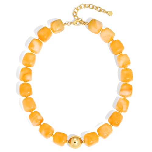 Chunky Colorful Beaded Choker Necklace for Women, Summer Beach Statement Resin Beads Necklace, Trendy Womens Summer Beach Jewelry Birthday Gifts for Vacation Holiday - color: Square Vivid Orange Bead