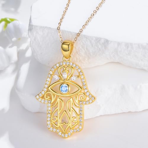 Hamsa Necklace 925 Sterling Silver Evil Eye/Lotus Flower/Star of David/Chai/Yin Yang Hamsa Hand Pendant Jewelry Hand of Fatima Gifts for Women - style: Evil Eye-Gold