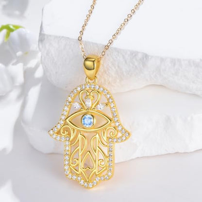 Hamsa Necklace 925 Sterling Silver Evil Eye/Lotus Flower/Star of David/Chai/Yin Yang Hamsa Hand Pendant Jewelry Hand of Fatima Gifts for Women - style: Evil Eye-Gold