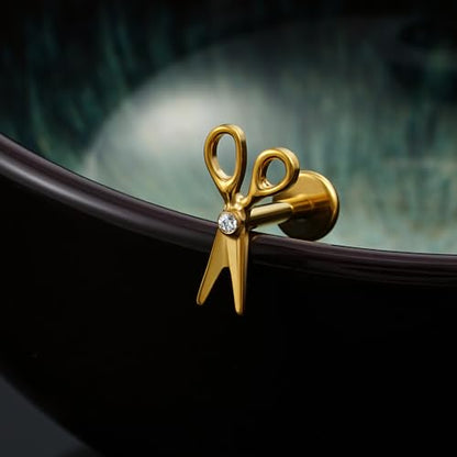 16G 6mm 8mm ASTM F136 Titanium Cartilage Piercing Jewelry Stud for Tragus Helix Conch Flat - color: Scissor - Gold