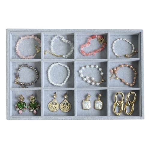 Wudygirl Earring Organizer Jewelry Tray for Drawer 13.7"x9.4" Gray | 12 Grid Jewelry Organizer with Velvet Liner, Jewelry Tray for Storage, Ideal for Dresser Drawer, Gift Giving, Stackable - color: Gray 12 Grid, size: 1 Pcs