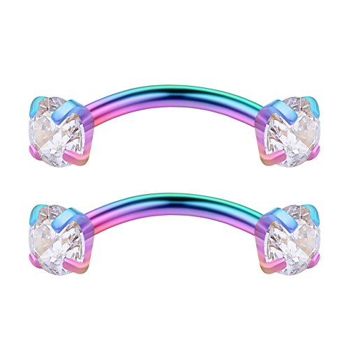 3PRS 16G 3/8" (10MM) Stainless Steel 3mm CZ/Gems/Ball Curved Barbell Eyebrow Tragus Lip Belly Ring Piercing Jewelry - Rainbow - color: 6PCS - Rainbow