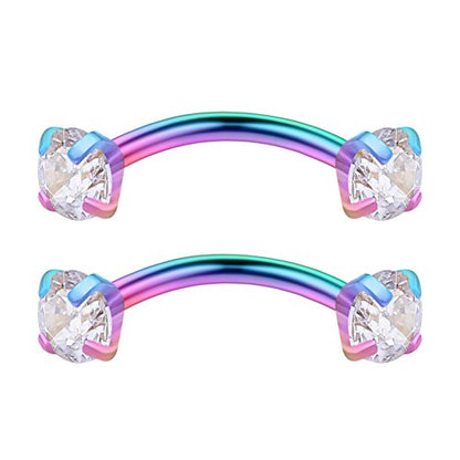 3PRS 16G 3/8" (10MM) Stainless Steel 3mm CZ/Gems/Ball Curved Barbell Eyebrow Tragus Lip Belly Ring Piercing Jewelry - Rainbow - color: 6PCS - Rainbow