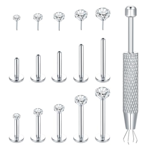 Aumeo 20G 18G 16G Threadless Push in Nose Rings Studs Surgical Steel Labret Jewelry Monroe Lip Rings Studs Medusa Ashley Piercing Jewelry for Women - color: Silver, size: 16g*6/7/8/10/12mm+grabber tool