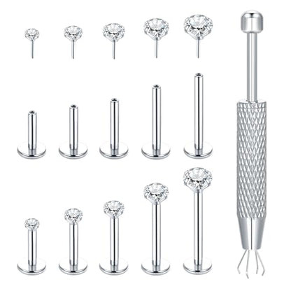 Aumeo 20G 18G 16G Threadless Push in Nose Rings Studs Surgical Steel Labret Jewelry Monroe Lip Rings Studs Medusa Ashley Piercing Jewelry for Women - color: Silver, size: 16g*6/7/8/10/12mm+grabber tool
