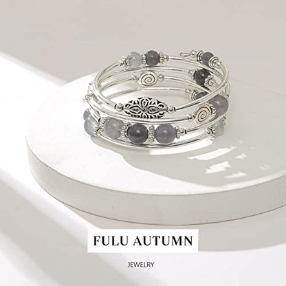 FULU AUTUMN Stackable Beaded Bracelets for Women Boho Wrap Silver Bracelet Layered Fashion Jewelry Gifts for Her - color: 17-Grey