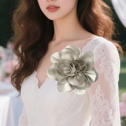 Large Rose Flower Brooches Chiffon Camellia Brooch Lapel Pins Hair Clips Hat Pins for Women Wedding Banquet Accessories Large Satin Flowers 5.5in - color: Grey