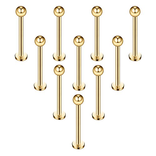 16G 316L Stainless Steel 3mm Ball Labret Monroe Lip Ring Tragus Helix Cartilage Earring Stud Barbell Bar Length 6mm 8mm 10mm 12mm Body Piercing Jewelry - color: Gold, size: 12MM