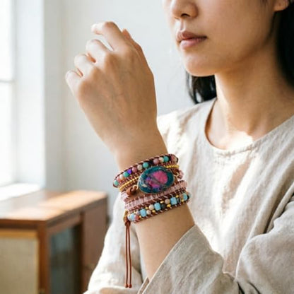 YGLINE Boho Handmade Natural Stone Wrap Bracelets Jasper Crystal Beads Bracelet Jewelry - color: jasper 1-5wrap