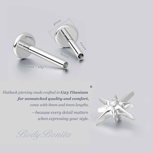 G23 Titanium 16G Tragus Conch Piercing Jewelry Flat Back Stud Earrings | Hypoallergenic CZ Nose Dangle Helix Medusa Lip Labret Body Piercing Jewelry, 14K Gold Plated, Silver, 6 and 8 mm Post Length - color: Starlight-Titanium