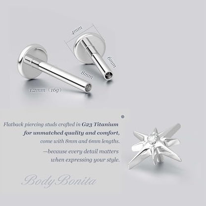 G23 Titanium 16G Tragus Conch Piercing Jewelry Flat Back Stud Earrings | Hypoallergenic CZ Nose Dangle Helix Medusa Lip Labret Body Piercing Jewelry, 14K Gold Plated, Silver, 6 and 8 mm Post Length - color: Starlight-Titanium