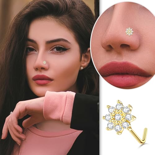 35-70 PCS 18G 20G Nose Rings for Women & Men - Gold Hoops, L Shape, Studs & Screw - 316L Surgical Stainless Steel - color: Gold-Clear CZ-20G-12pcs