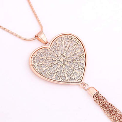 MOLOCH Long Necklaces For Woman Disk Circle Pendant Necklaces Tassel Fringe Necklace Set Statement Pendant - color: heart-shaped-rose gold