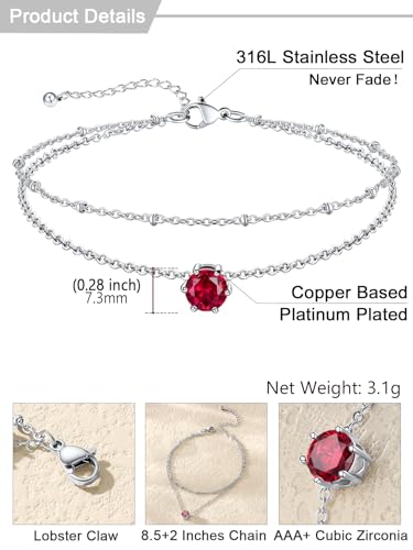 U7 Silver Ankle Bracelet for Women, Waterproof Layered Ankle Round Gem Birthstone Anklets, Summer Beach Foot Jewelry, Adjustable 8.5"-10.5" - color: 07.July-Ruby Red