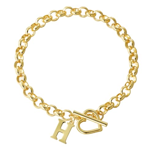 14K Gold Plated Stainless Steel A-Z Alphabet Letter Heart Bracelet | Non-Tarnish Dainty Charm with a Romantic Toggle Clasp Daily Fashion Jewelry, 7-inch Rolo Chain, Personalized Gift for Her - color: H