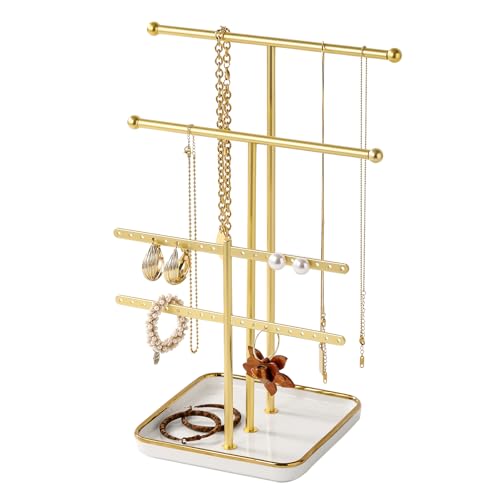 modern T-shaped jewelry rack, jewelry tower, gold metal, square ceramic base decoration display tower, necklace, bracelet, ring storage rack (3-layer ceramic disc) - style: 3-layer ceramic disc