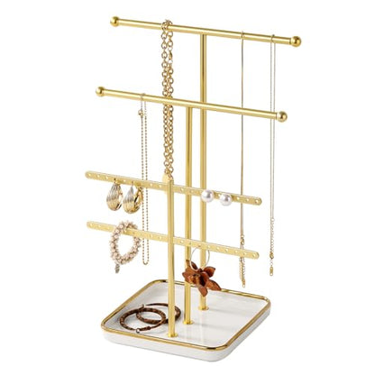 modern T-shaped jewelry rack, jewelry tower, gold metal, square ceramic base decoration display tower, necklace, bracelet, ring storage rack (3-layer ceramic disc) - style: 3-layer ceramic disc