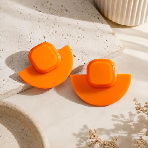 Orange Acrylic Earrings Geometric Semicircle Square Statement Studs, Lightweight Glossy Resin Jewelry for Women Party Vacation Outfits