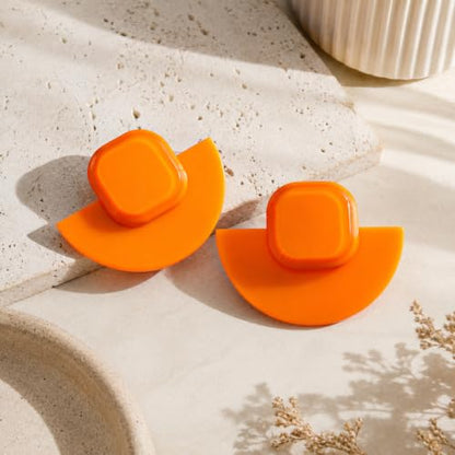 Orange Acrylic Earrings Geometric Semicircle Square Statement Studs, Lightweight Glossy Resin Jewelry for Women Party Vacation Outfits