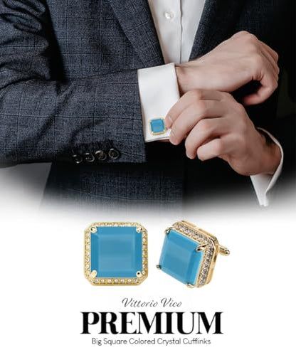 Large Big Square Crystal Color Stone Cuff Links for Men – Tuxedo Suit Accessories, Cufflinks for Men - style: Matte Sky/Gold