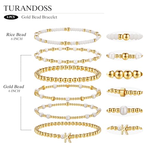 18K Gold Plated Beaded Stretch Initial Bracelet for Women Gifts | Dainty 6PCS Initial A-Z Letter Beaded Stackable Bracelets Set, Waterproof 7 Inch Stretch Elastic, Jewelry Gifts for Women Her - style: T