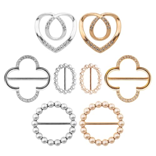 8-Pack Cute Scarf Ring, Premium Shirt Tie Clips for Women Clothing accessories, 4 Elegant Styles T-shirt Waist Cinch Clip Buckles with Rhinestone Accents (Gold/Silver)