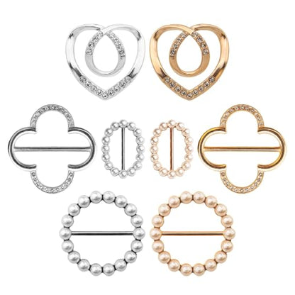 8-Pack Cute Scarf Ring, Premium Shirt Tie Clips for Women Clothing accessories, 4 Elegant Styles T-shirt Waist Cinch Clip Buckles with Rhinestone Accents (Gold/Silver)