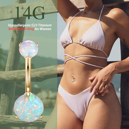 FUNLMO 14G Belly Button Ring Titanium Belly Button Piercing Belly Ring Internally Threaded Navel Piercing Jewelry - color: Gold-White Opal