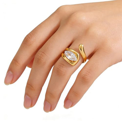 OIDIMS Elegant CZ Wrap Open Ring for Women Sparkly Cubic Zirconia Adjustable Stacking Rings Trendy Wedding Band 18K Gold-Tone Plated Stainless Steel Comfort Fit Knuckle Fashion Jewelry - color: Clear