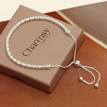 Charmsy 925 Sterling Silver Sliding Bolo Bracelet for Women | Women's Italian Handmade Adjustable Bolo Bead Ball Slider Bracelet - style: Beaded Ball Link