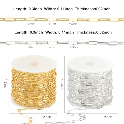 2 Rolls Paperclip Chain for Jewelry Making 33FT Jewelry Chain Links | Silver and Gold Chains Bulk with Lobster Clasps Jump Rings for DIY Craft Finding Jewelry Making Supplies - color: 2.8×7.6 Paperclip Chain