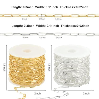 2 Rolls Paperclip Chain for Jewelry Making 33FT Jewelry Chain Links | Silver and Gold Chains Bulk with Lobster Clasps Jump Rings for DIY Craft Finding Jewelry Making Supplies - color: 2.8×7.6 Paperclip Chain