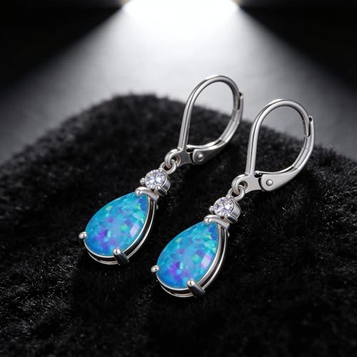 Dainty Opal Earrings for Women Sterling Silver Pear Oval Blue Opal Dangle Earrings Leverback Earrings Gold - color: leverback-blue