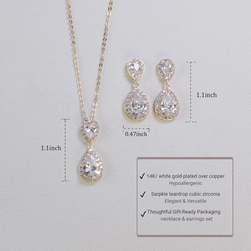 Bridal Jewelry Set for Women, Cubic Zirconia Teardrop Bride Bridesmaid Necklace and Earrings Set for Wedding Prom Formal - color: 14K Gold